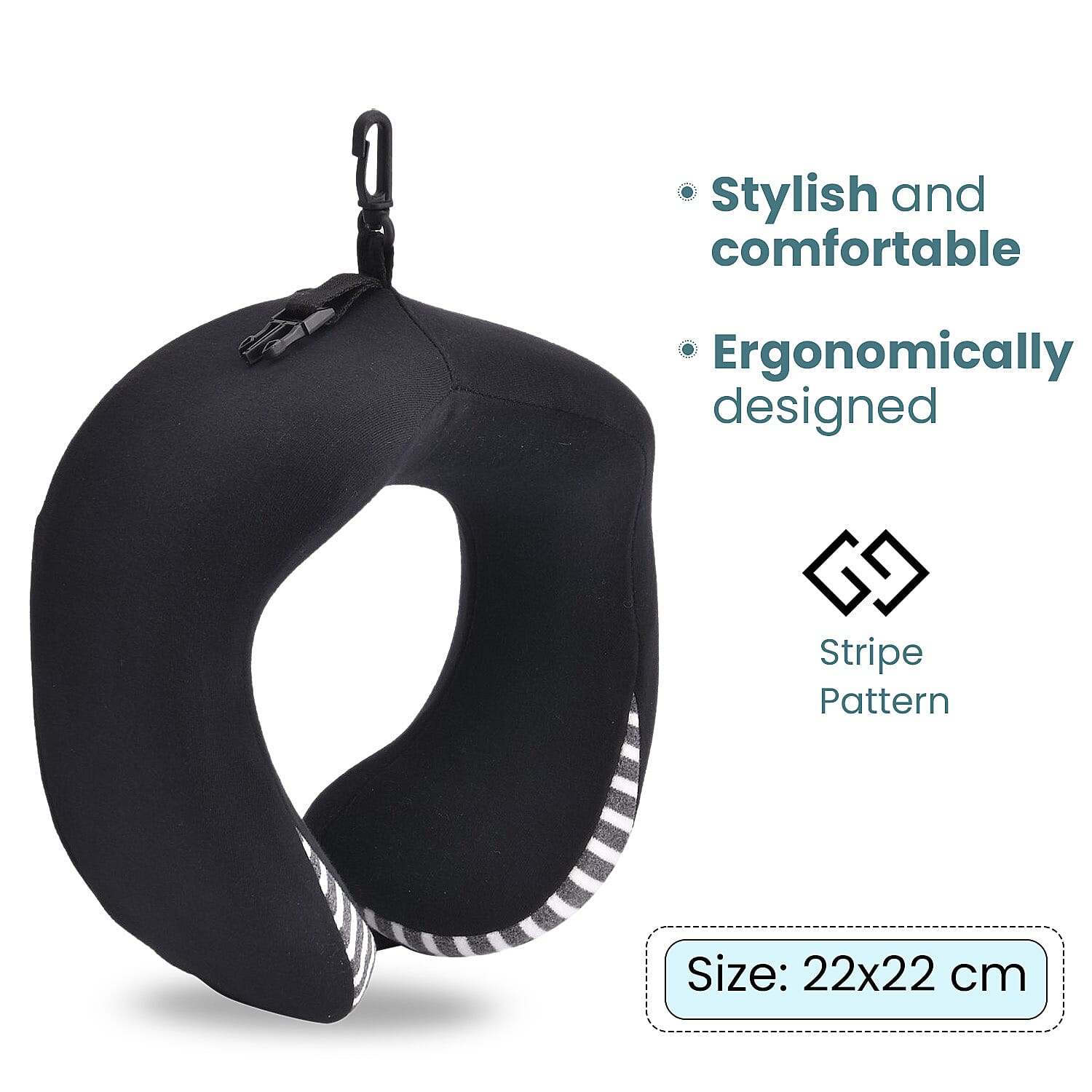 Memory Foam Neck Pillow with Buckle Closure (Size 22 Cm) - Black