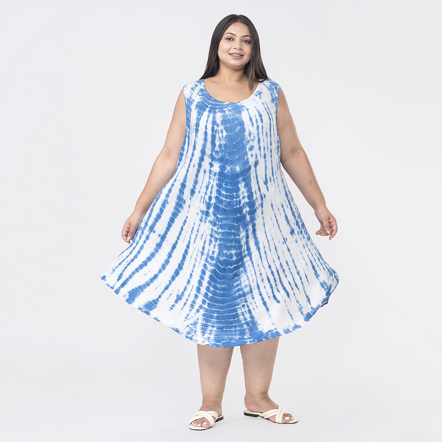 Tamsy 100% Viscose Tie Dye Dress (One Size Curve, 20-26) - Blue