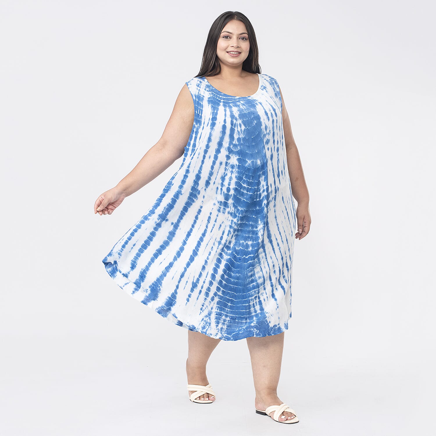 Tamsy 100% Viscose Tie Dye Dress (One Size Curve, 20-26) - Blue