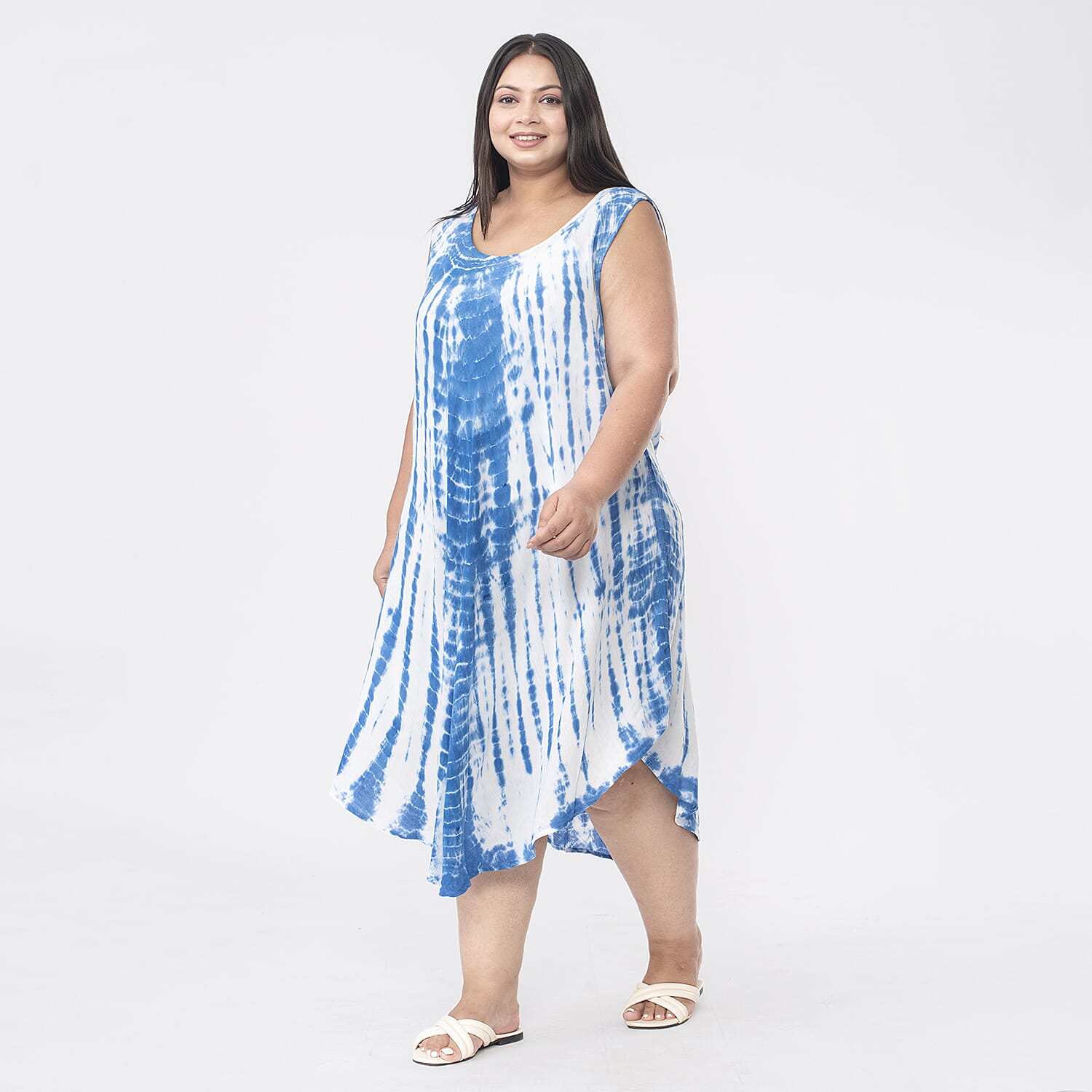 Tamsy 100% Viscose Tie Dye Dress (One Size Curve, 20-26) - Blue