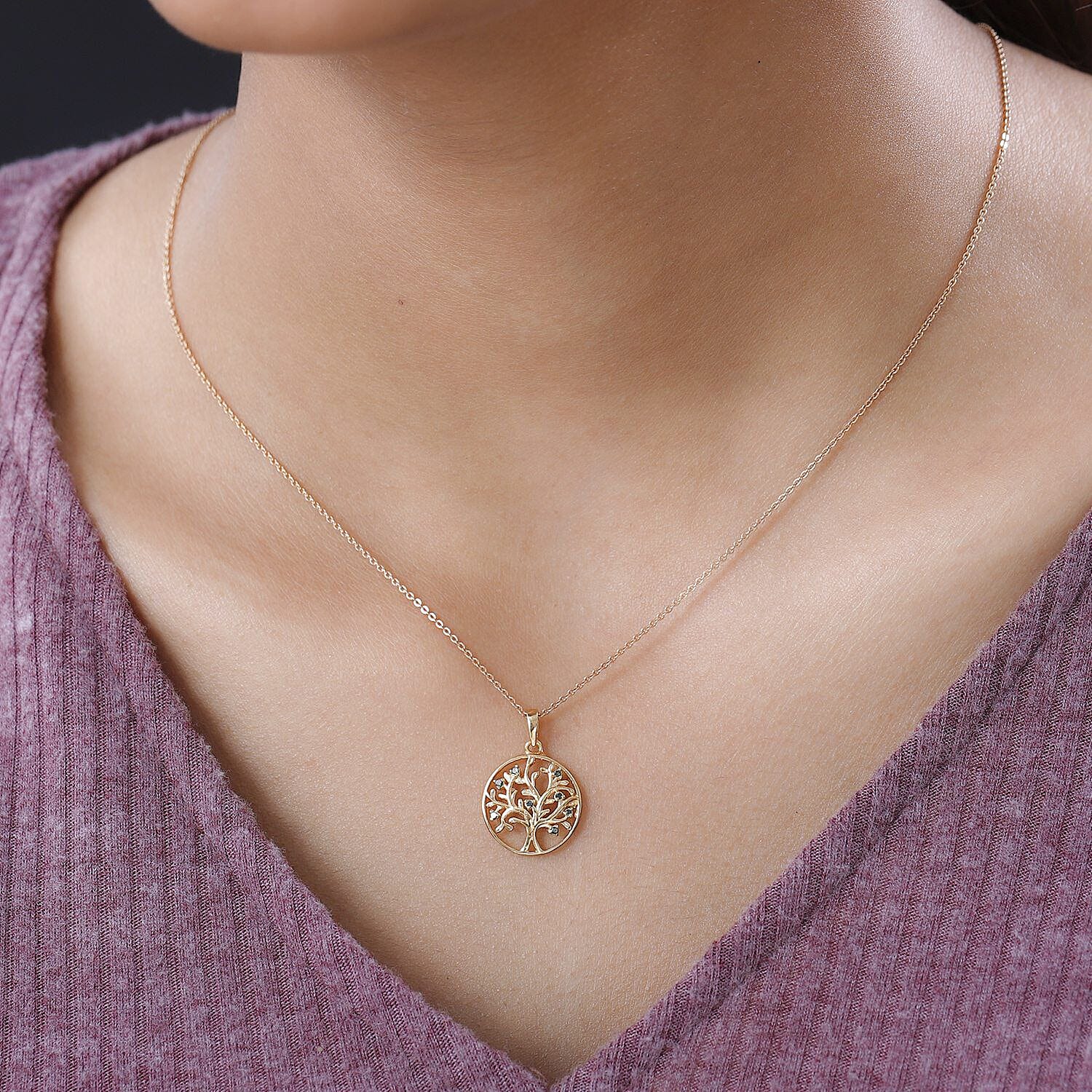 Green Diamond Tree of Life Pendant in 18K Yellow Gold Vermeil Plated Sterling Silver