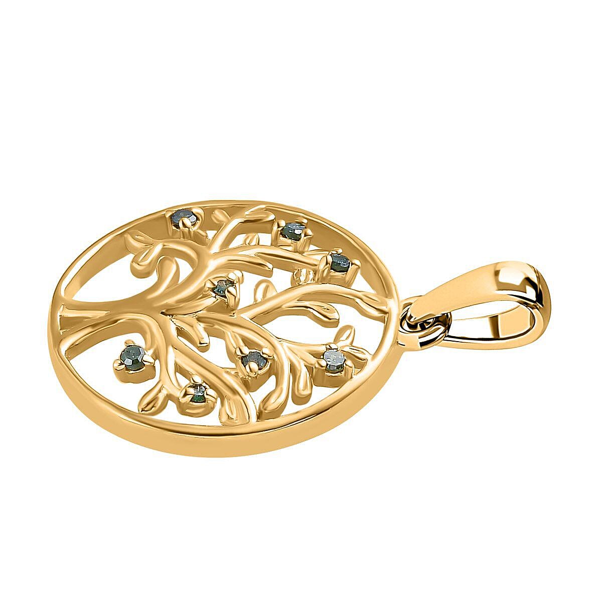 Green Diamond Tree of Life Pendant in 18K Yellow Gold Vermeil Plated Sterling Silver