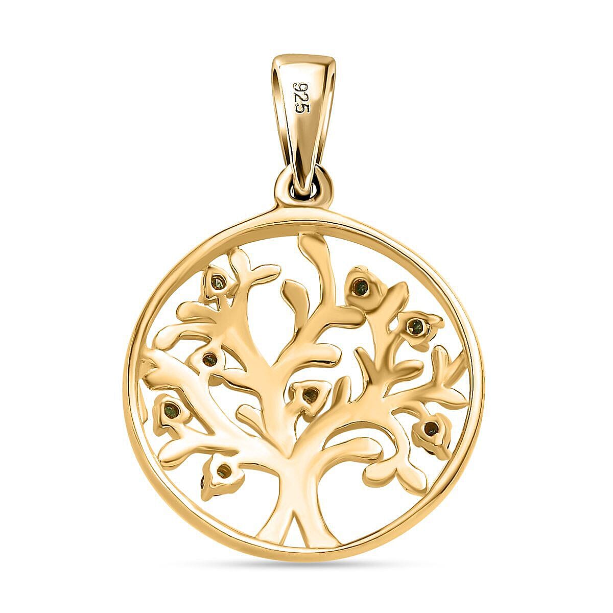 Green Diamond Tree of Life Pendant in 18K Yellow Gold Vermeil Plated Sterling Silver
