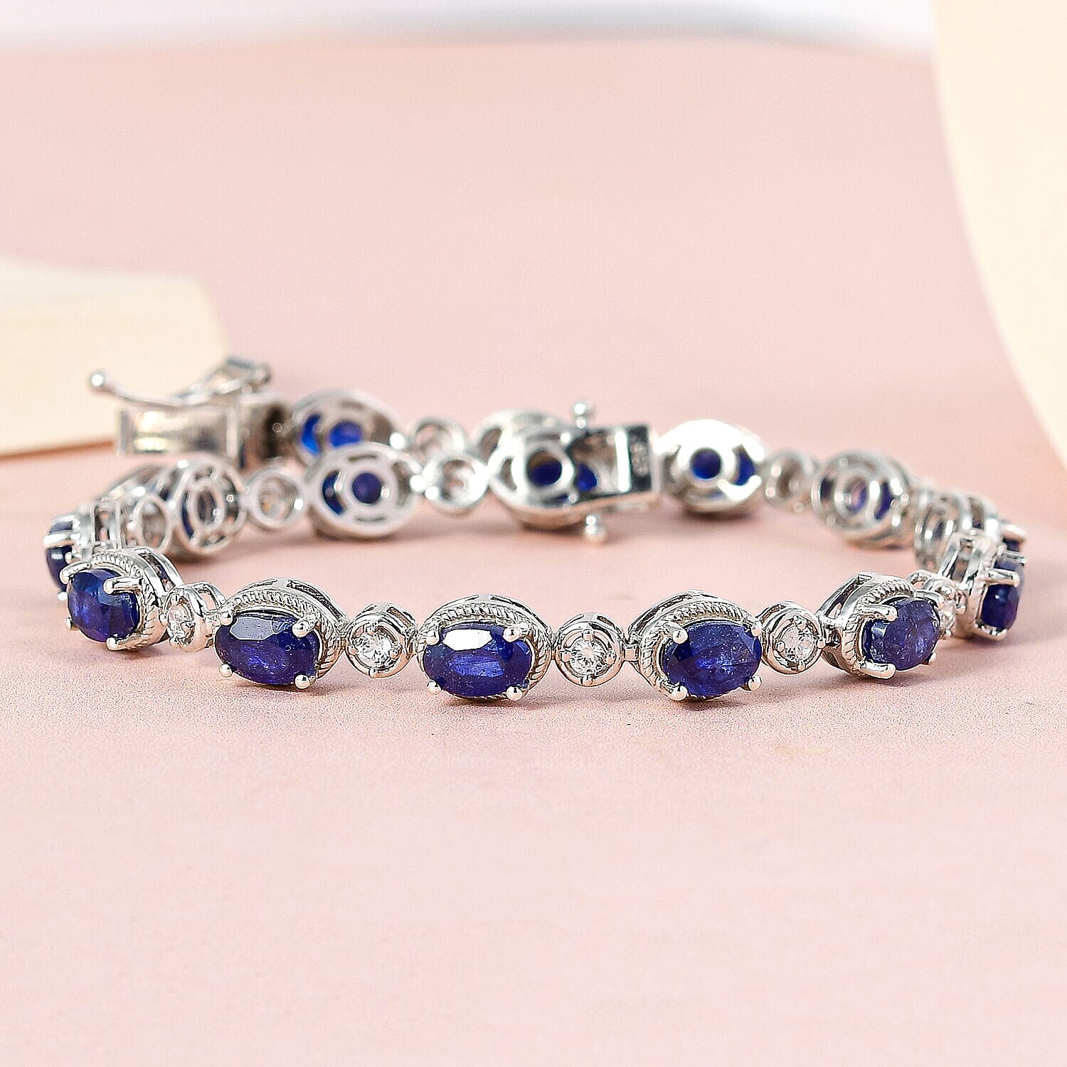 Masoala Sapphire (FF) and Natural Zircon Tennis Bracelet (Size - 7.5) in Platinum Overlay Sterling Silver 10.80 Ct, Silver Wt. 10.13 Gms
