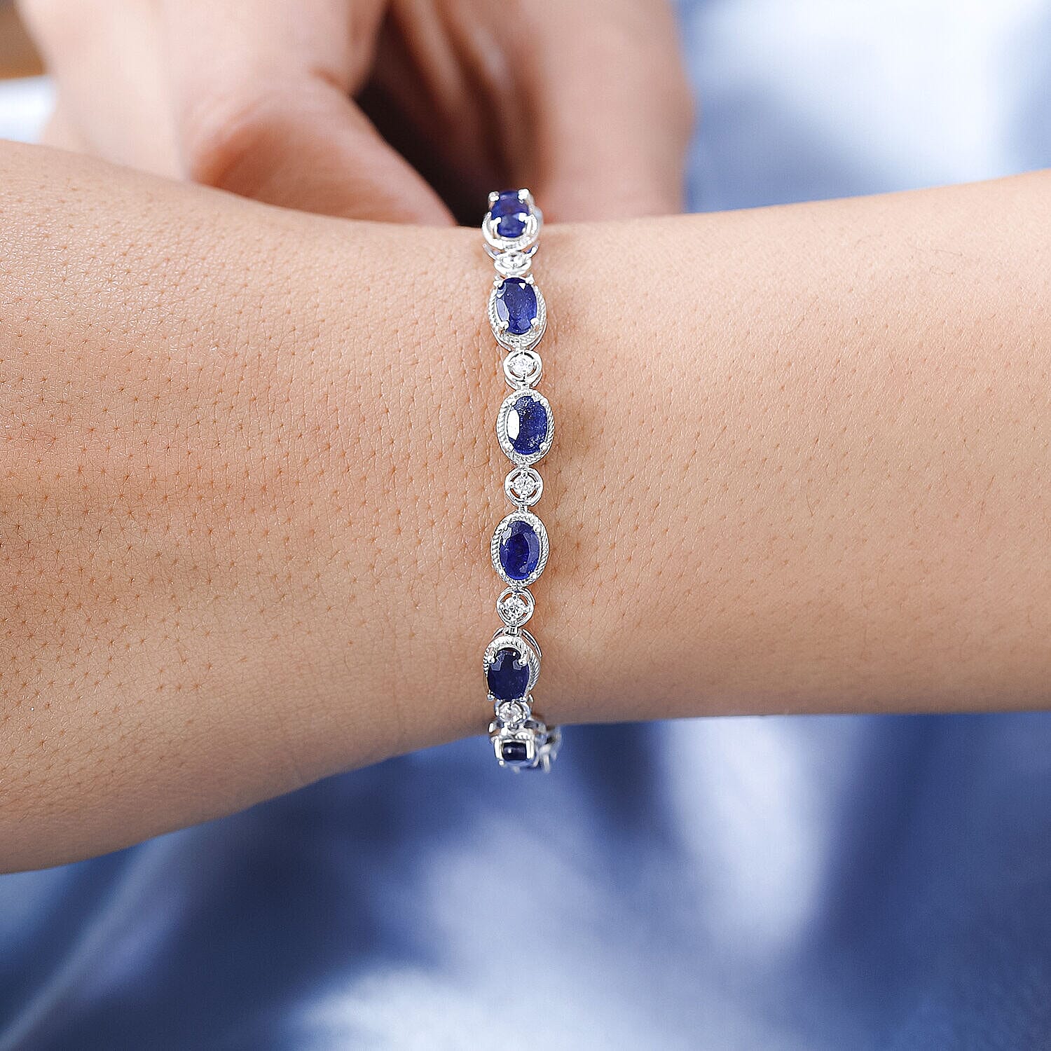 Masoala Sapphire (FF) and Natural Zircon Tennis Bracelet (Size - 7.5) in Platinum Overlay Sterling Silver 10.80 Ct, Silver Wt. 10.13 Gms