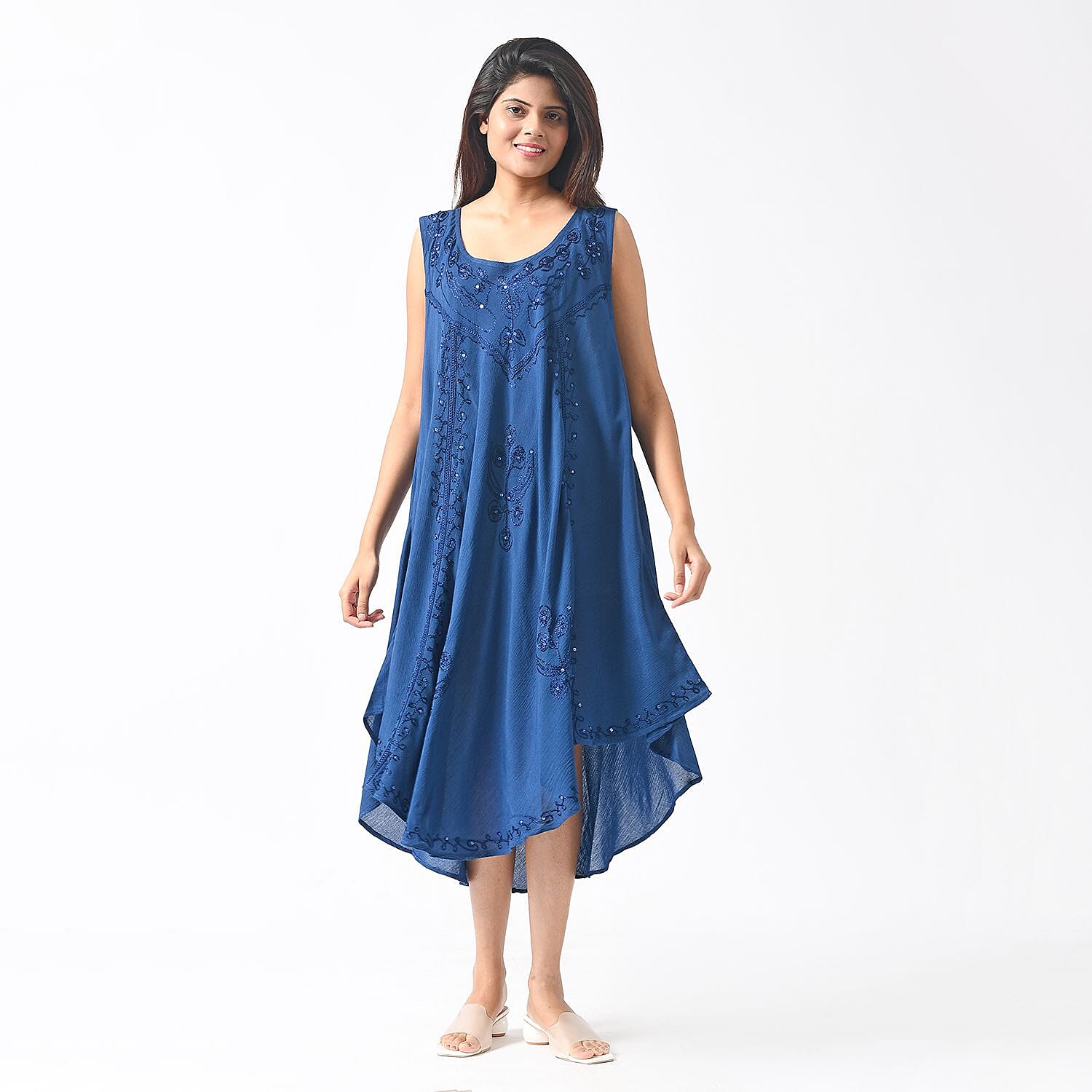 Tamsy 100% Viscose Umbrella Dress with Sequin Floral Embroidery (One Size 8-18) - Cobalt