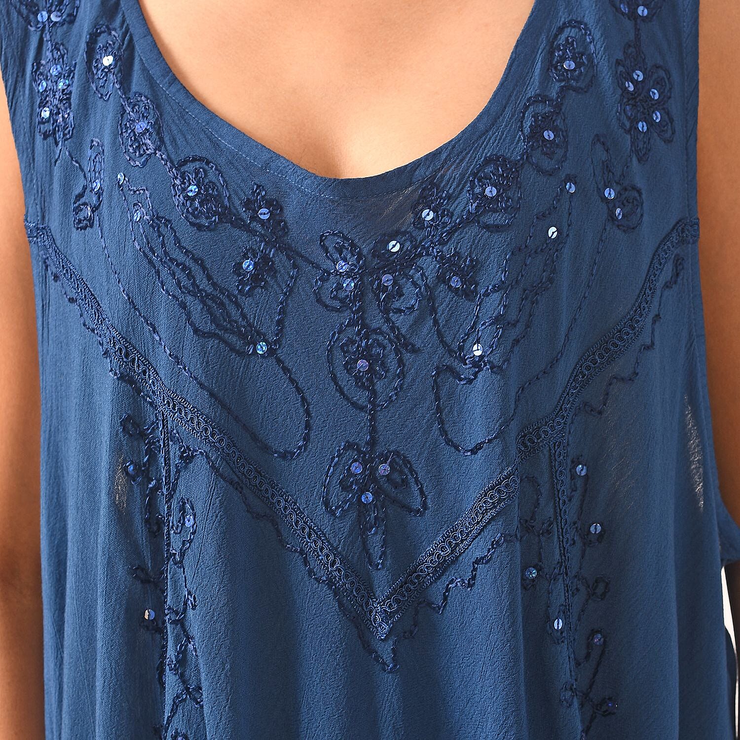 Tamsy 100% Viscose Umbrella Dress with Sequin Floral Embroidery (One Size 8-18) - Cobalt