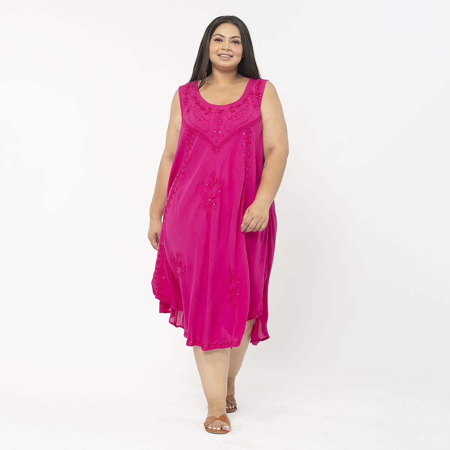 Tamsy 100% Viscose Umbrella Dress with Sequin Floral Embroidery (One Size Curve 20-26) - Pink