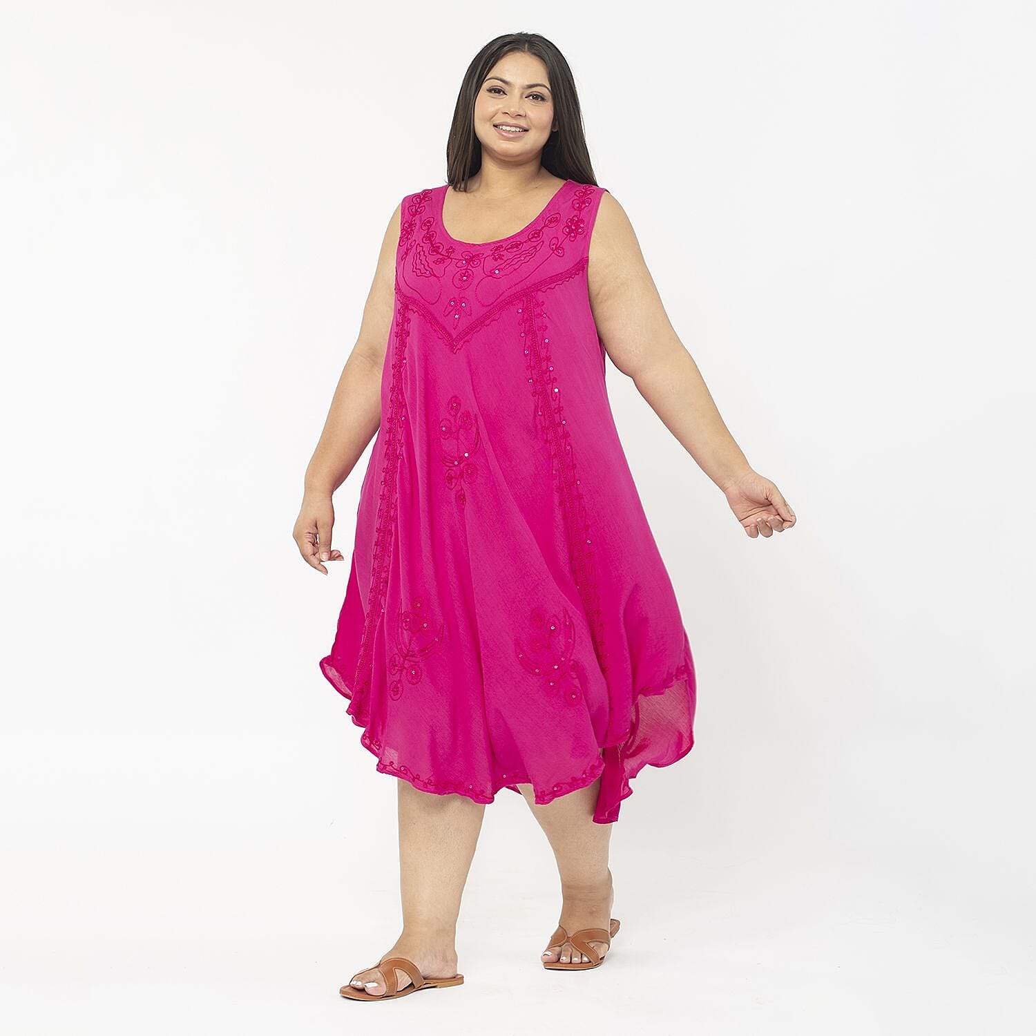 Tamsy 100% Viscose Umbrella Dress with Sequin Floral Embroidery (One Size Curve 20-26) - Pink