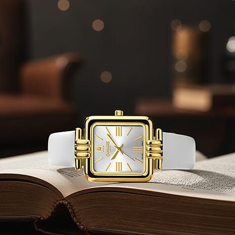 Gamages Of London Ladies Arctic Grey Dial Diamond Studded Swiss Movt. Water Resistant Watch with White Leather Strap