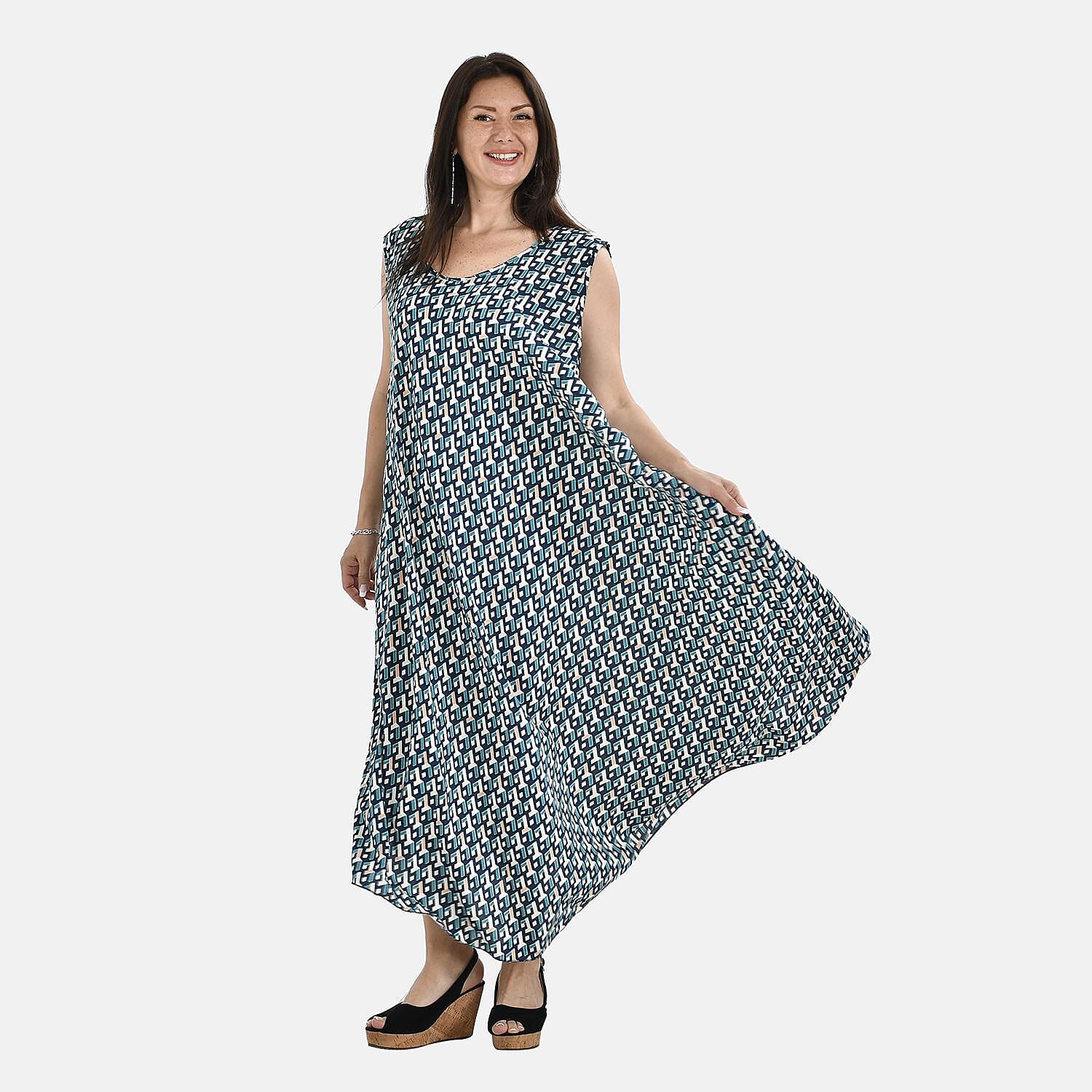 TAMSY 100% Viscose Irregular Figure Print Umbrella Dress (One Size Curve, 18-24) - Teal Blue