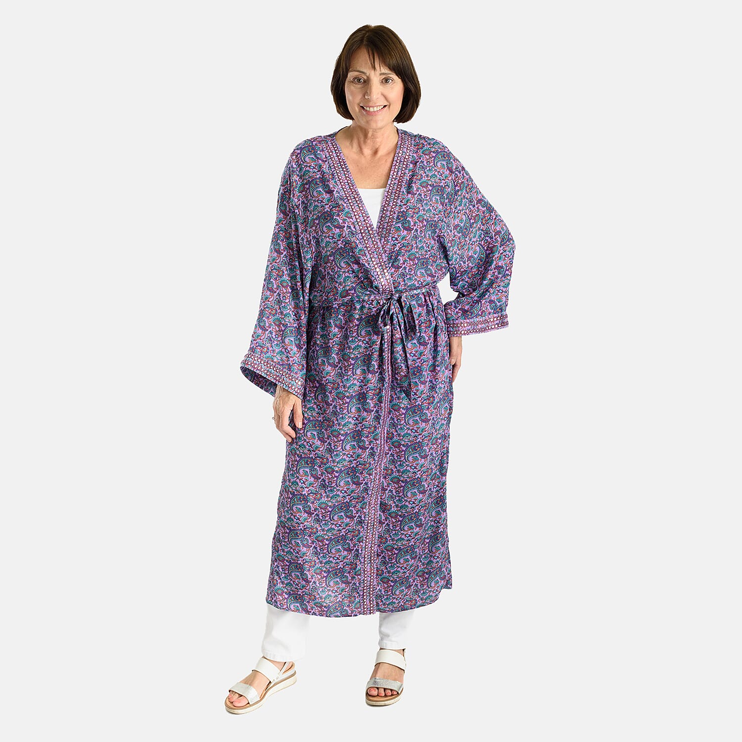 Tamsy Silk Like Floral With Paisley Print Embroidered Kimono (One Size) - Purple & Multi