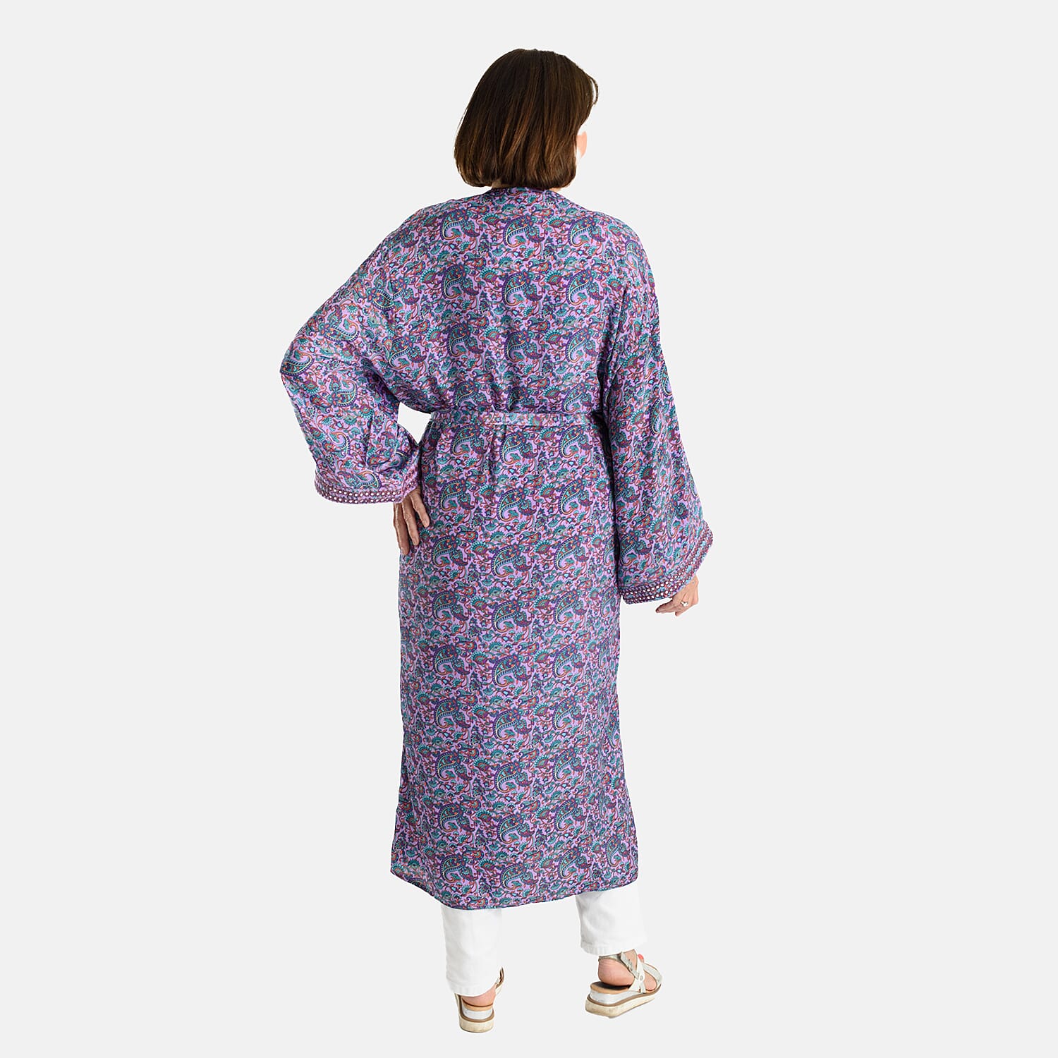 Tamsy Silk Like Floral With Paisley Print Embroidered Kimono (One Size) - Purple & Multi