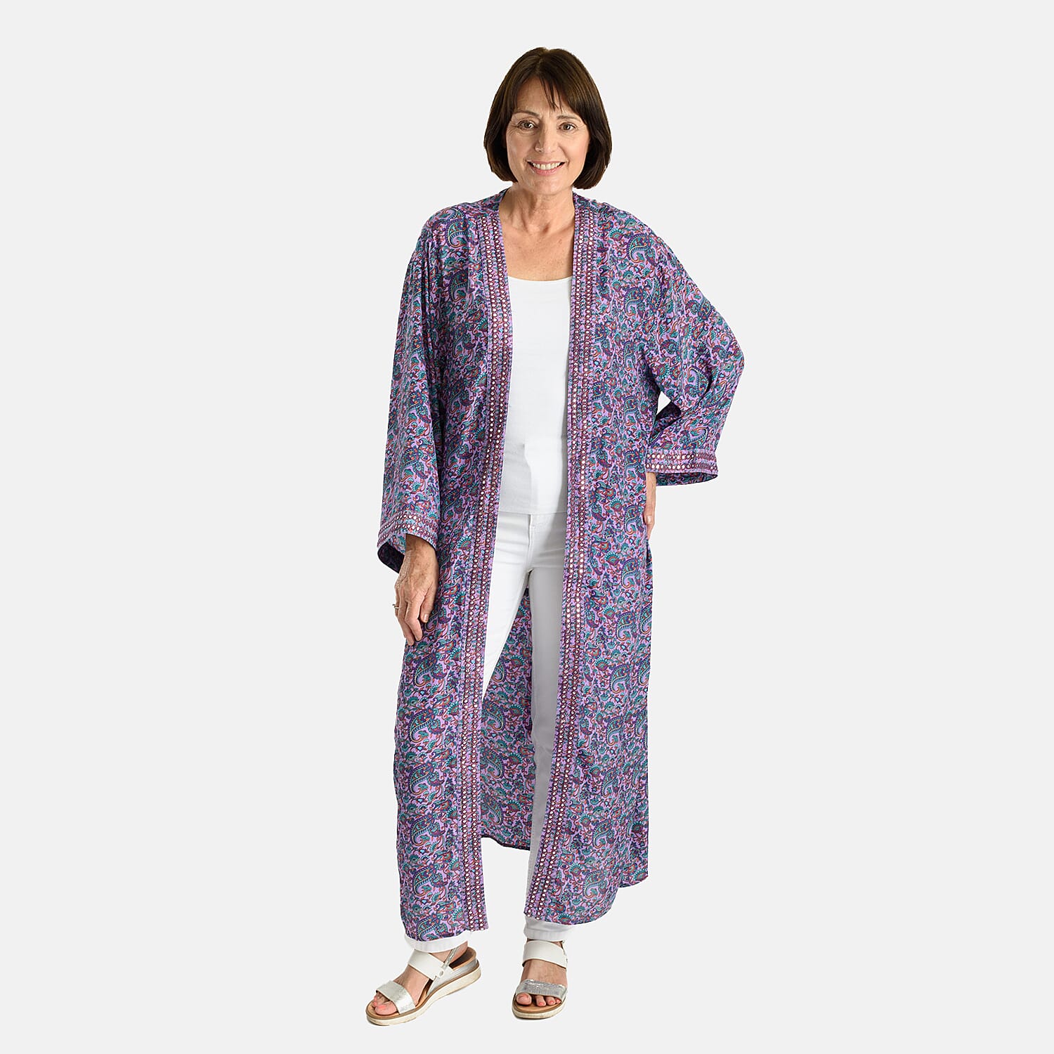 Tamsy Silk Like Floral With Paisley Print Embroidered Kimono (One Size) - Purple & Multi