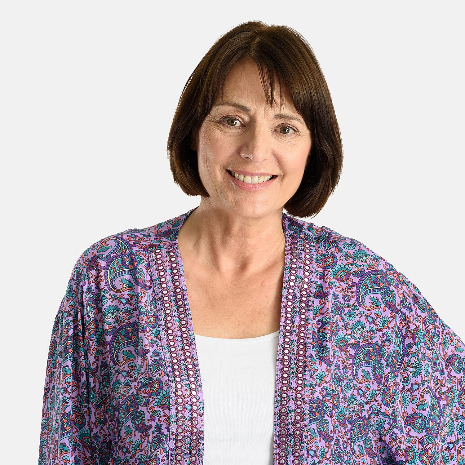 Tamsy Silk Like Floral With Paisley Print Embroidered Kimono (One Size) - Purple & Multi