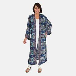 Tamsy Silk Like Floral With Paisley Print Embroidered Kimono (One Size) - Purple & Multi