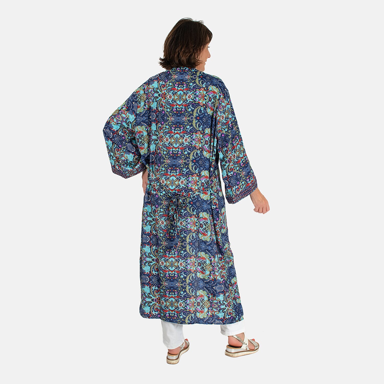 Tamsy Silk Like Floral With Paisley Print Embroidered Kimono (One Size) - Purple & Multi