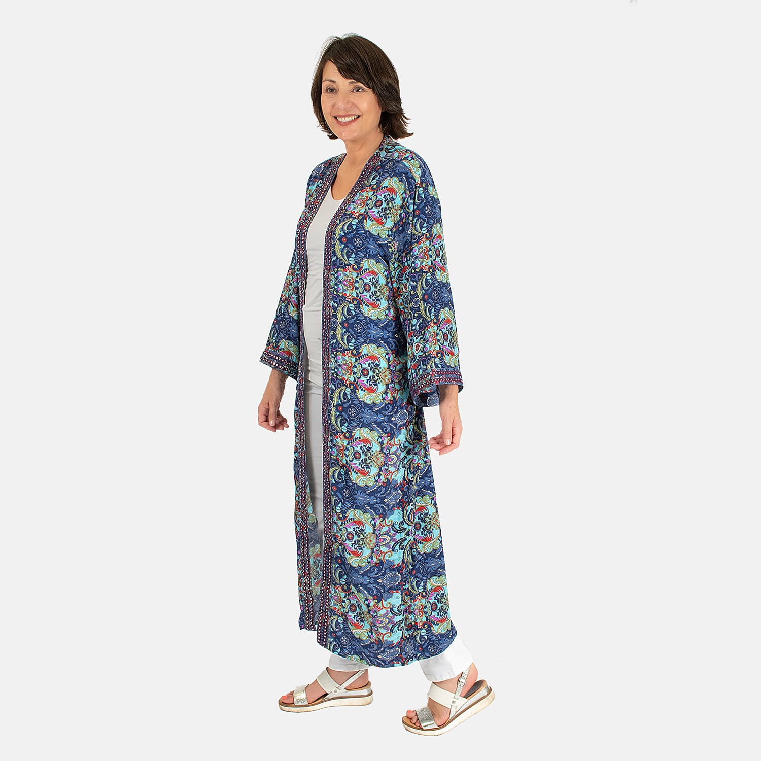 Tamsy Silk Like Floral With Paisley Print Embroidered Kimono (One Size) - Purple & Multi