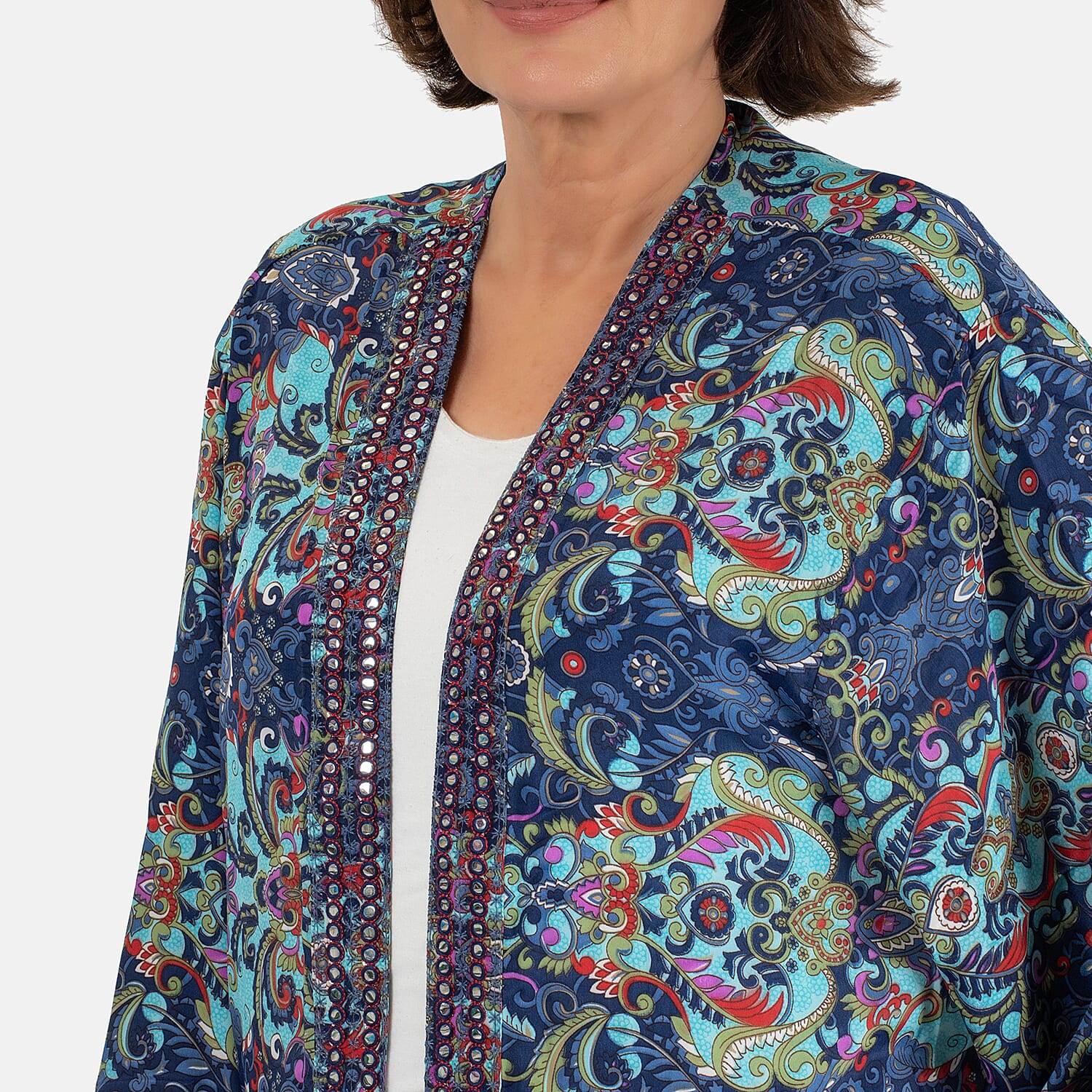 Tamsy Silk Like Floral With Paisley Print Embroidered Kimono (One Size) - Purple & Multi