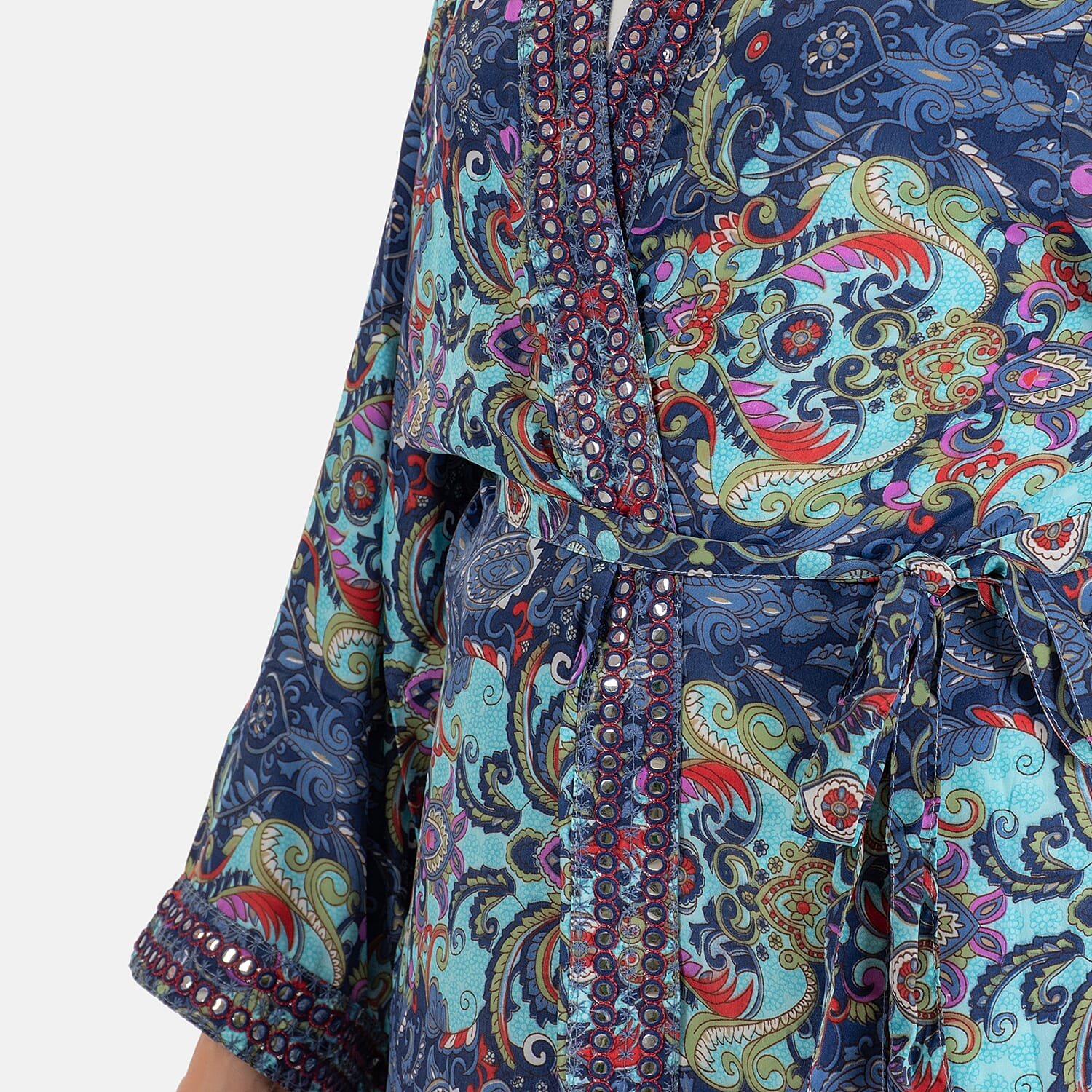 Tamsy Silk Like Floral With Paisley Print Embroidered Kimono (One Size) - Purple & Multi