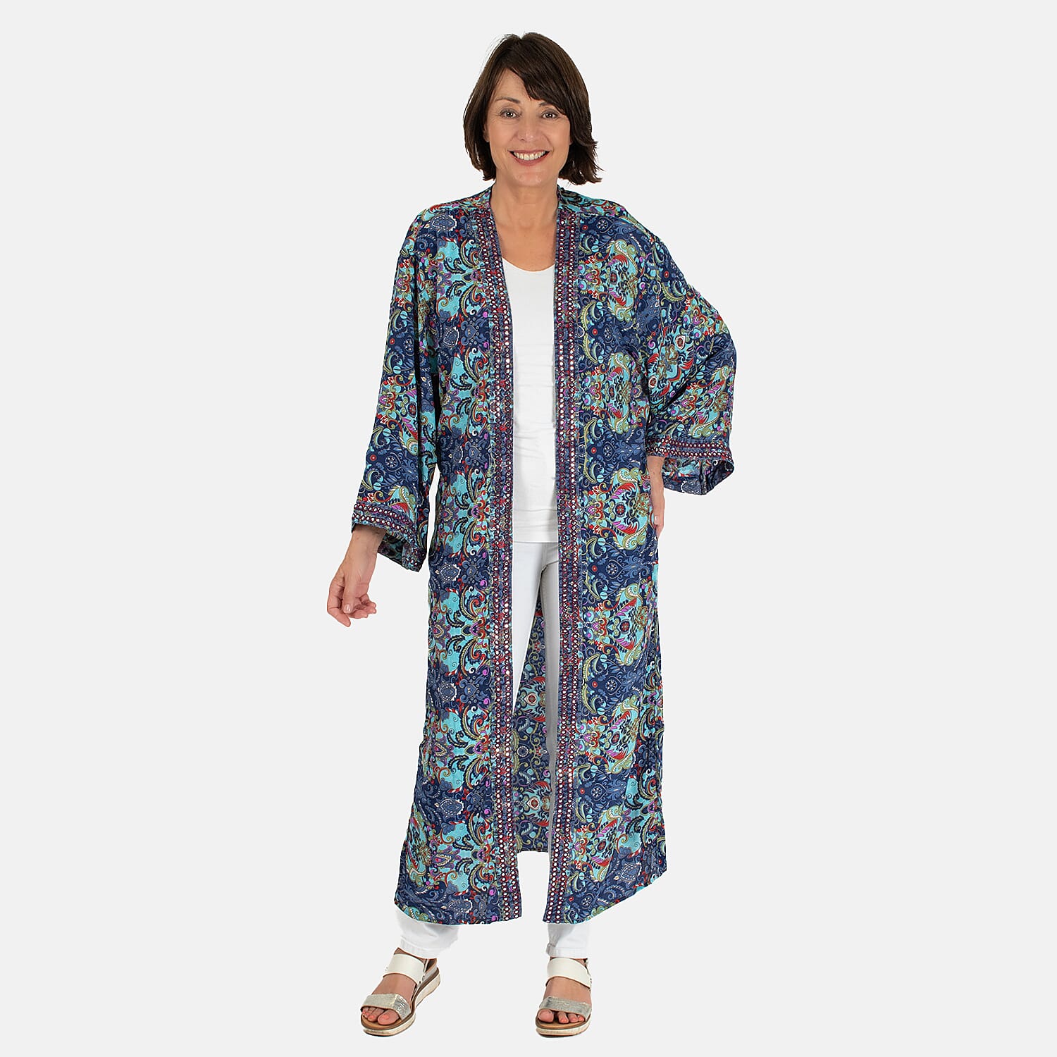 Tamsy Silk Like Floral With Paisley Print Embroidered Kimono (One Size) - Purple & Multi