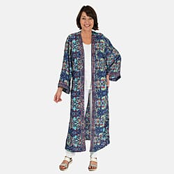 Tamsy Silk Like Floral With Paisley Print Embroidered Kimono (One Size) - Purple & Multi