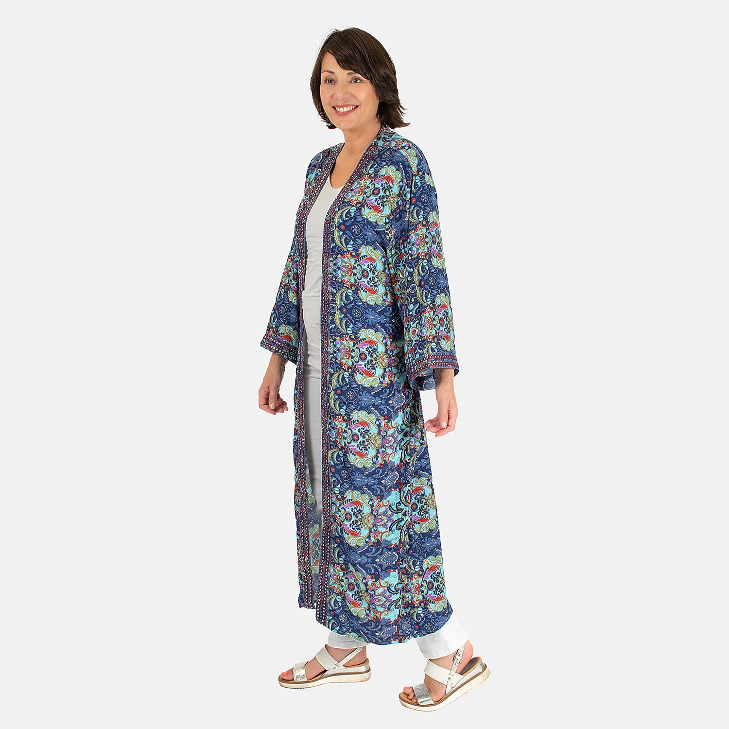 Tamsy Silk Like Floral With Paisley Print Embroidered Kimono (One Size) - Purple & Multi