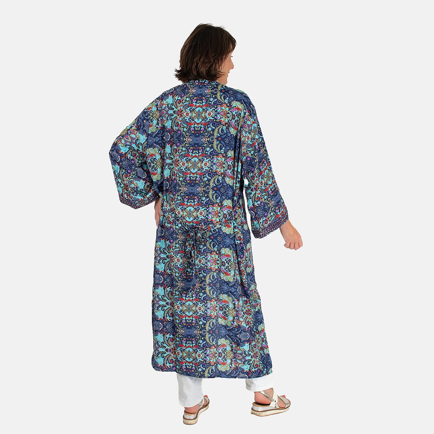 Tamsy Silk Like Floral With Paisley Print Embroidered Kimono (One Size) - Purple & Multi