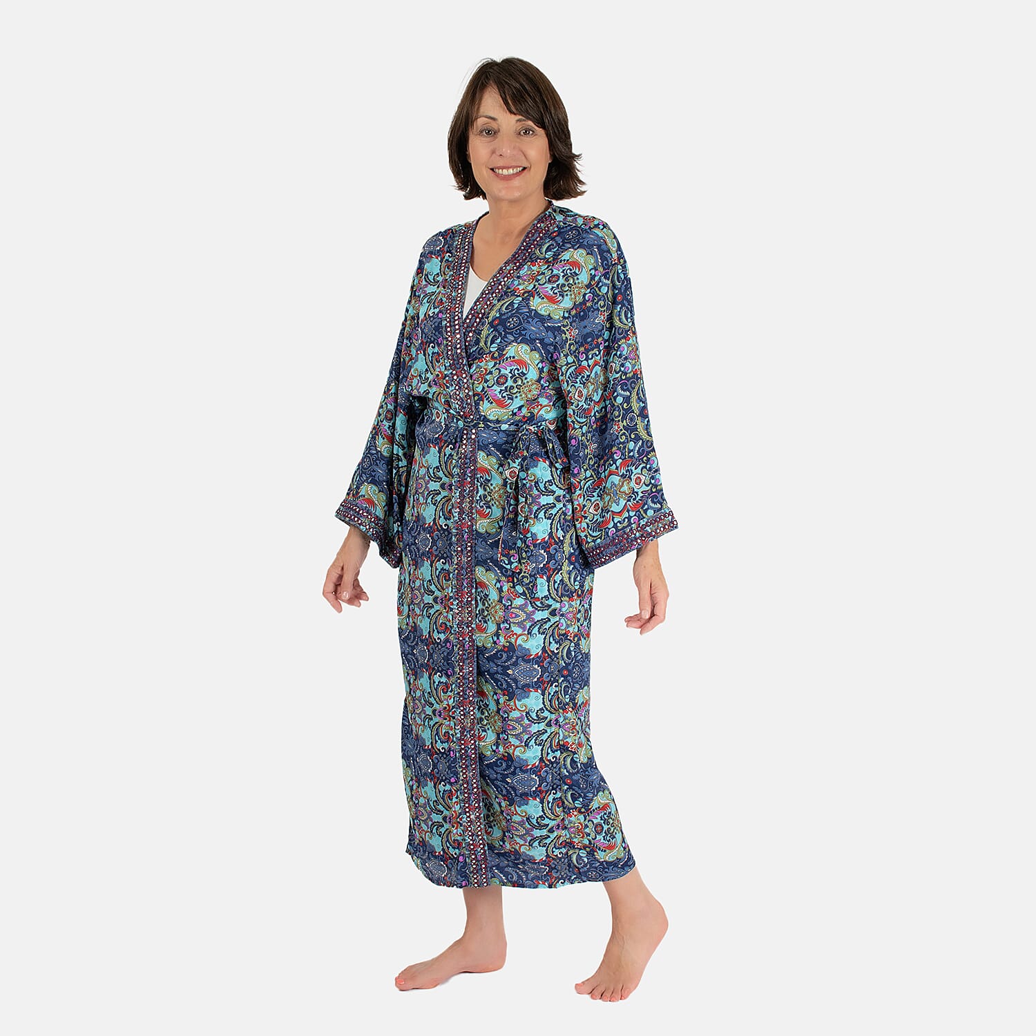 Tamsy Silk Like Floral With Paisley Print Embroidered Kimono (One Size) - Purple & Multi