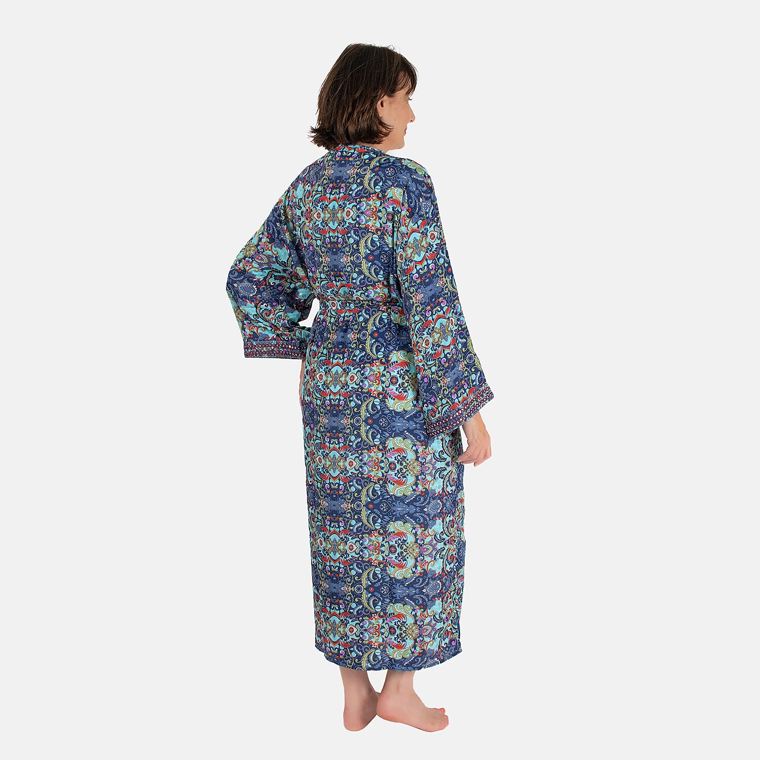 Tamsy Silk Like Floral With Paisley Print Embroidered Kimono (One Size) - Purple & Multi