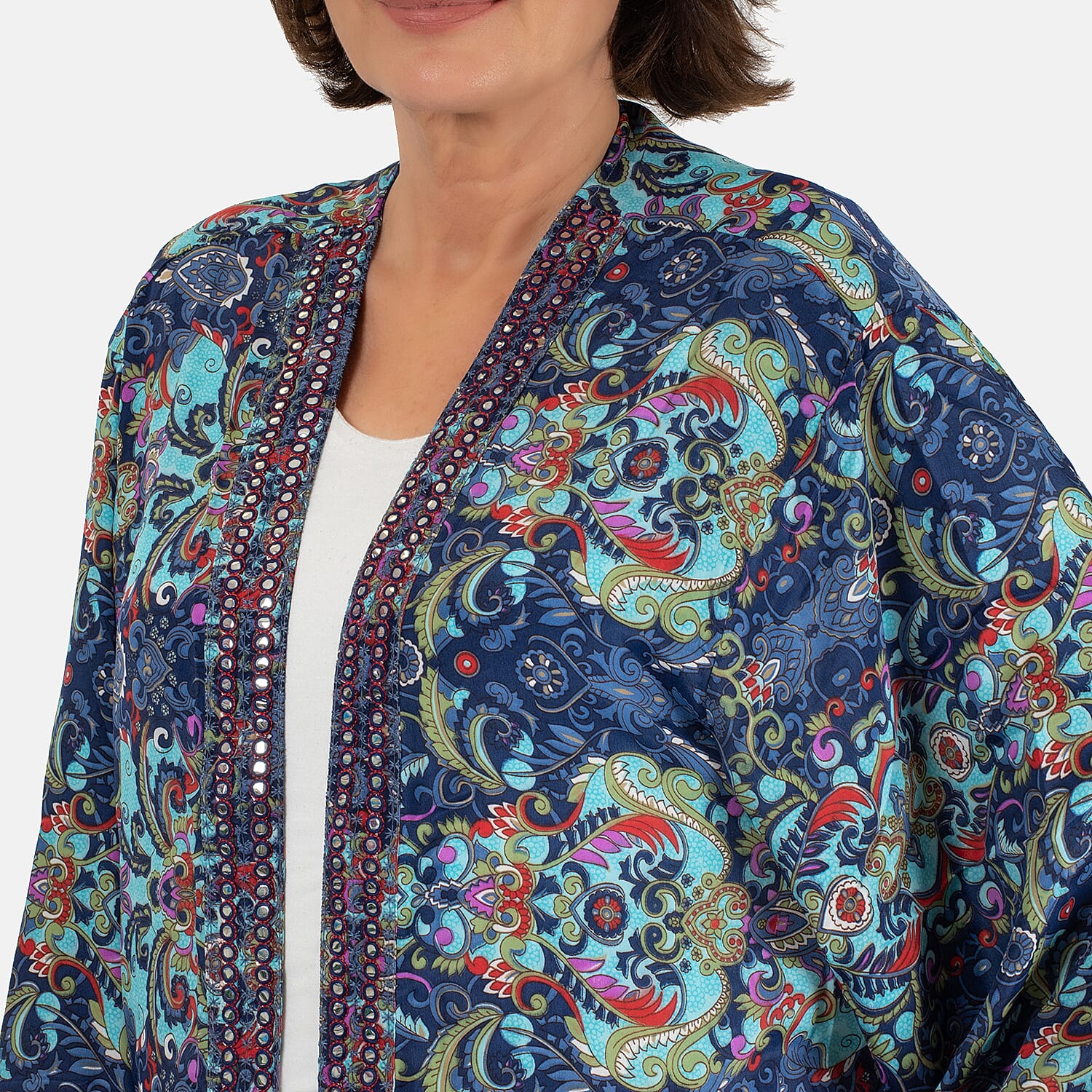 Tamsy Silk Like Floral With Paisley Print Embroidered Kimono (One Size) - Purple & Multi