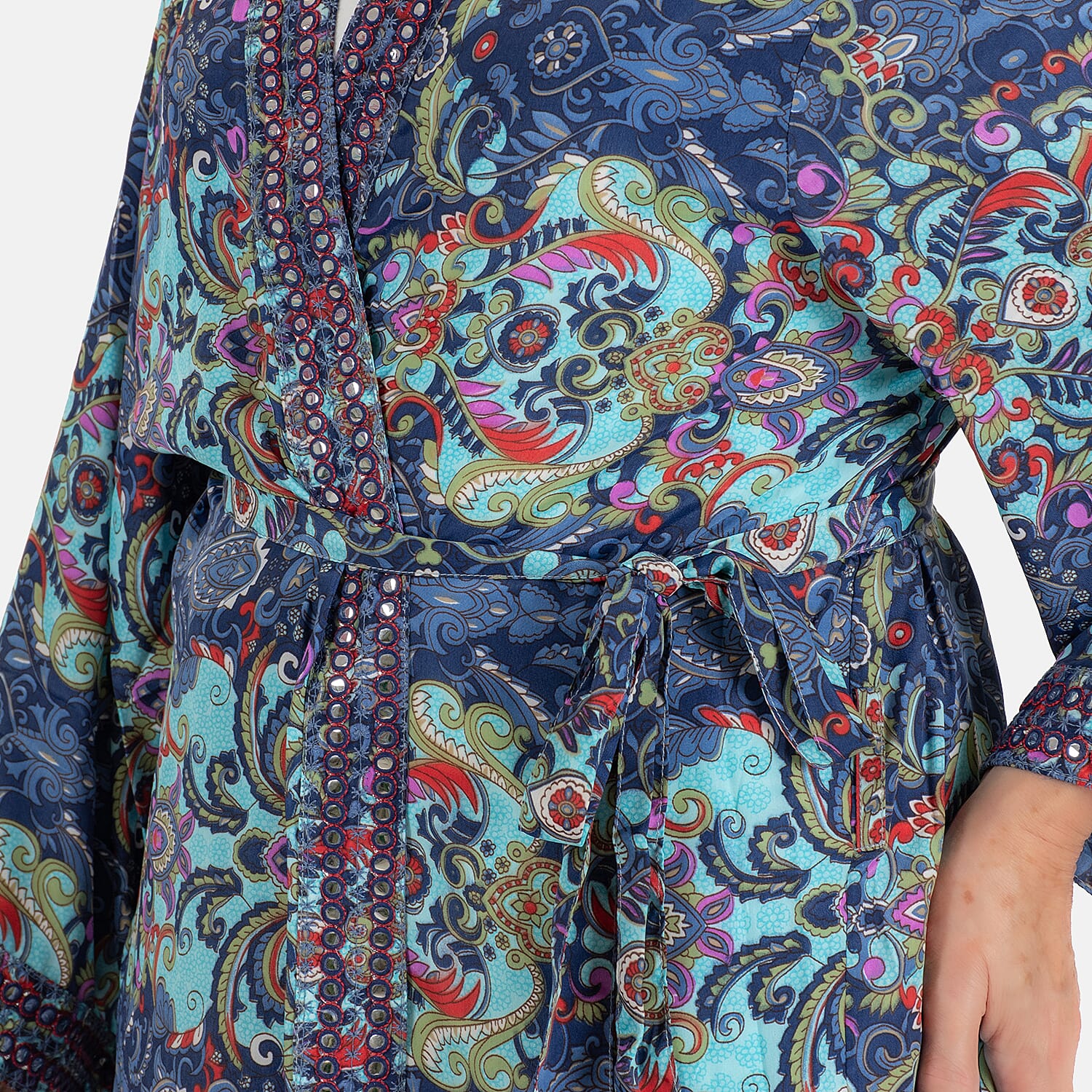 Tamsy Silk Like Floral With Paisley Print Embroidered Kimono (One Size) - Purple & Multi