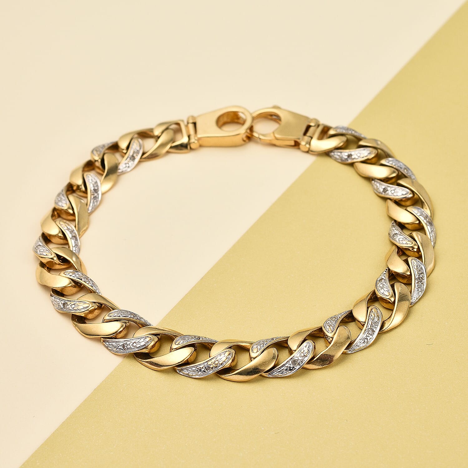 One Time Designer Closeout - 9K Solid Yellow and White Gold Diamond Curb Bracelet (Size - 8.5), Gold Wt. 30.00 Gms