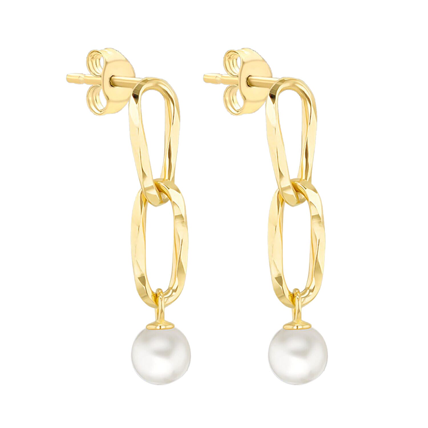 9K Yellow Gold Double Link Pearl Drop Earrings