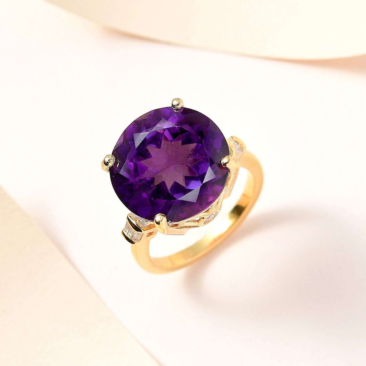 Zambian Amethyst & Diamond Ring in 18K Yellow Gold Vermeil Plated Sterling Silver 11.09 Ct.