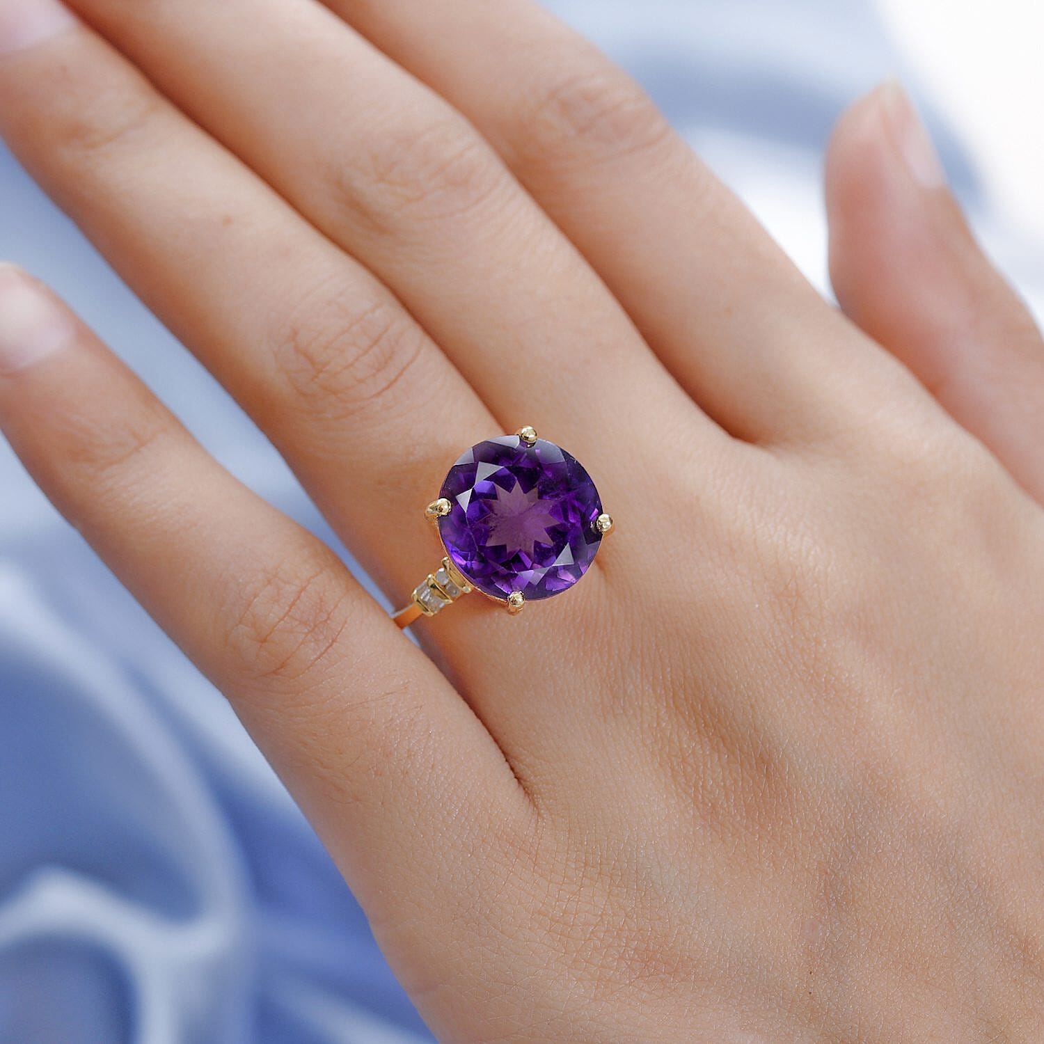 Zambian Amethyst & Diamond Ring in 18K Yellow Gold Vermeil Plated Sterling Silver 11.09 Ct.