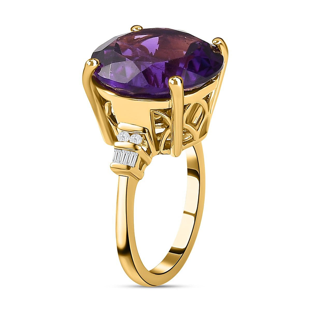 Zambian Amethyst & Diamond Ring in 18K Yellow Gold Vermeil Plated Sterling Silver 11.09 Ct.