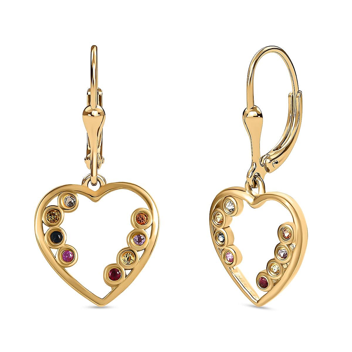 Multi Sapphire Lever Back Heart Earrings in 18K Vermeil Yellow Gold Plated Sterling Silver