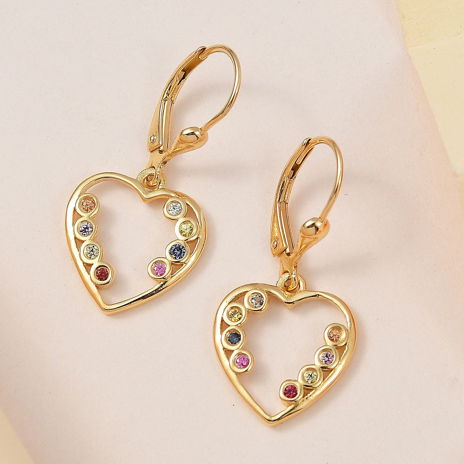 Multi Sapphire Lever Back Heart Earrings in 18K Vermeil Yellow Gold Plated Sterling Silver