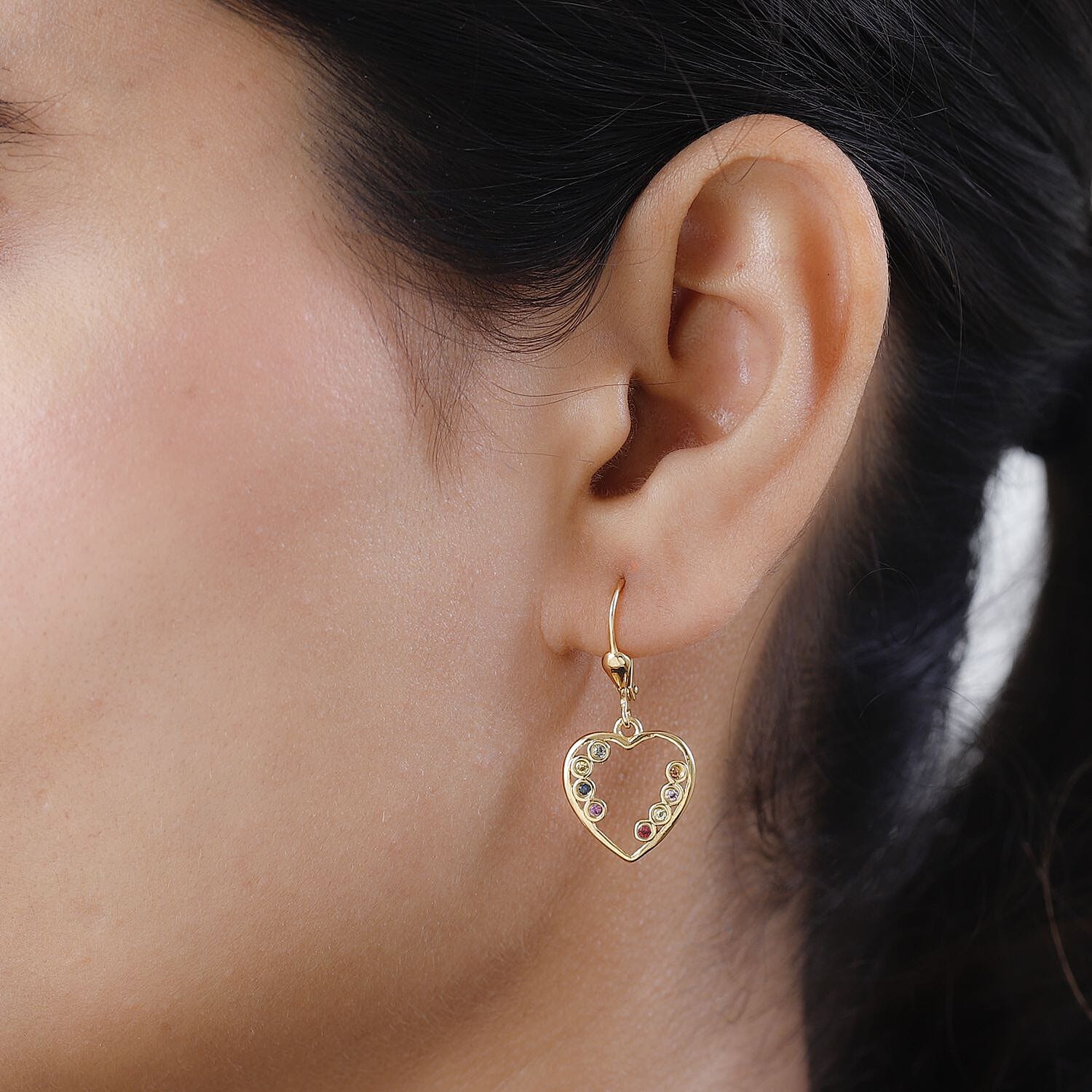 Multi Sapphire Lever Back Heart Earrings in 18K Vermeil Yellow Gold Plated Sterling Silver