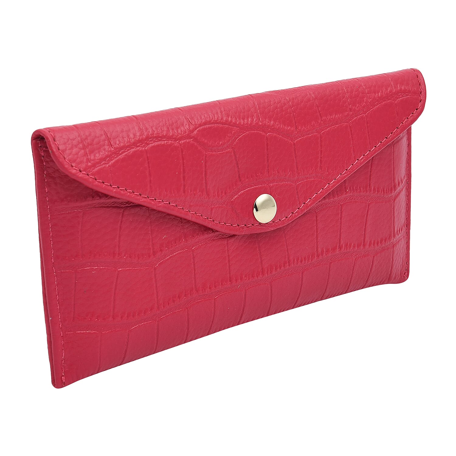 100% Genuine Leather Croc Embossed Pattern Long Size Wallet with Magnetic Closure (Size 20x10Cm) - Fuchsia