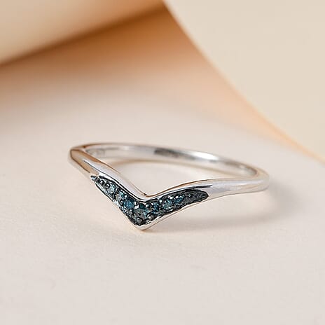 Blue Diamond Wishbone Ring in Platinum Overlay Sterling Silver 0.051 Ct.
