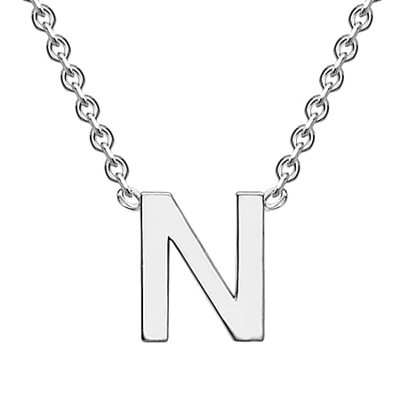 Sterling Silver Rhodium Plated 4mm x 5mm N Initial Adjustable Necklace 15 Inch to 17 Inch