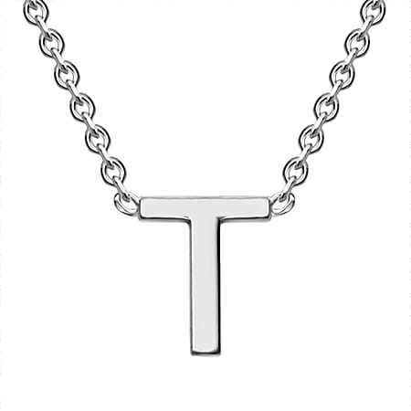 Sterling Silver Rhodium Plated 4mm x 5mm T Initial Adjustable Necklace 15 Inch to 17 Inch