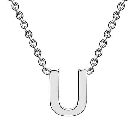 Sterling Silver Rhodium Plated 4mm x 5mm U Initial Adjustable Necklace 15 Inch to 17 Inch