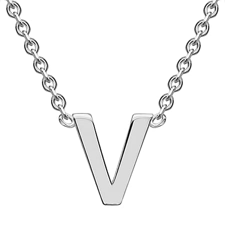 Sterling Silver Rhodium Plated  4mm x 5mm V Initial Adjustable Necklace 15 Inch to 17 Inch