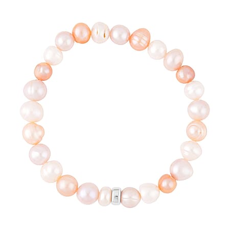 Multi Colour Fresh Water Pearl Stretchable Bracelet (Size - 7) in Rhodium Overlay Sterling Silver