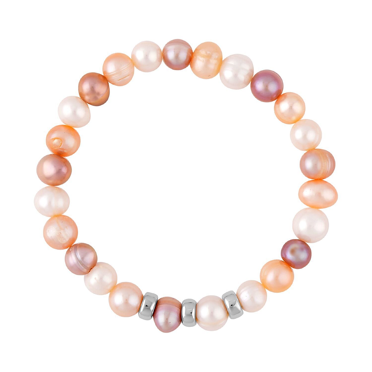 Multi Color Fresh Water Pearl Stretchable Bracelet (Size - 7) in Rhodium Overlay Sterling Silver