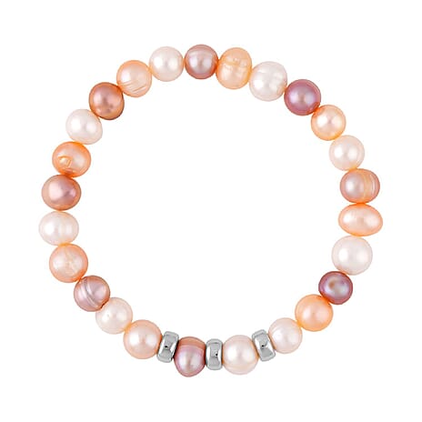 Multi Color Fresh Water Pearl Stretchable Bracelet (Size - 7) in Rhodium Overlay Sterling Silver