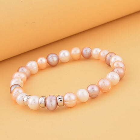 Multi Color Fresh Water Pearl Stretchable Bracelet (Size - 7) in Rhodium Overlay Sterling Silver